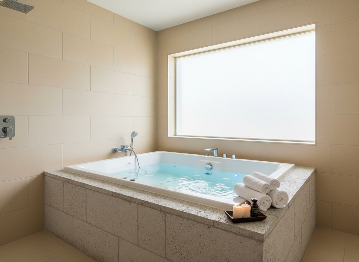 A spa-like bathroom featuring a spacious luxury jacuzzi in a single 5-bedroom villa, captured in photographic realism. The oversized white jacuzzi tub is built into a raised platform of light grey stone, its water crystal clear with subtle ripples and soft blue LED lights glowing from within. Surrounding walls are clad in large matte porcelain tiles, and a wide frosted glass window allows diffused natural light to pour in, creating a calm, luminous atmosphere. Discreet chrome fixtures, neatly rolled white towels, and a small tray with aromatic candles sit nearby. The mood is serene and indulgent, suggesting a private retreat. Shot from a slightly elevated corner angle with sharp focus, the composition highlights the generous size of the jacuzzi and the villa’s refined, spa-level comfort.