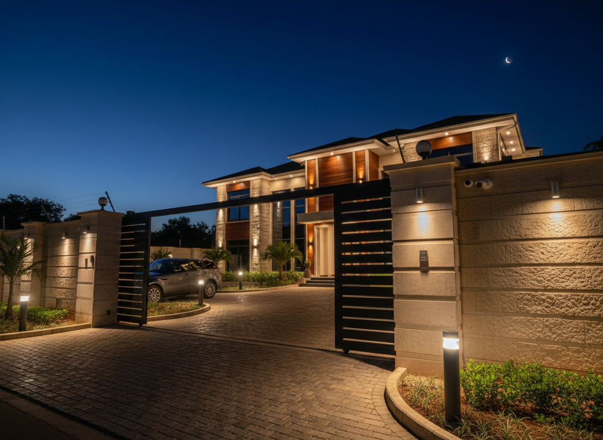 A nighttime view of the secure entrance and courtyard of a luxurious 5-bedroom villa near Kampala, rendered in photographic realism. The scene shows a solid modern gate, well-lit driveway, and perimeter walls with subtle but visible security cameras and motion-sensor lights. The villa’s façade glows with warm exterior sconces and recessed soffit lighting, reflecting softly on the smooth stone surfaces and neatly trimmed hedges. A parked premium SUV in the driveway hints at long- and short-stay guests. The sky is deep indigo, and the lighting creates a calm, protected atmosphere without feeling harsh. Captured from a low, wide-angle perspective at the gate looking inward, the composition emphasizes safety, privacy, and upscale living, with every detail reinforcing the idea of tight but unobtrusive security.