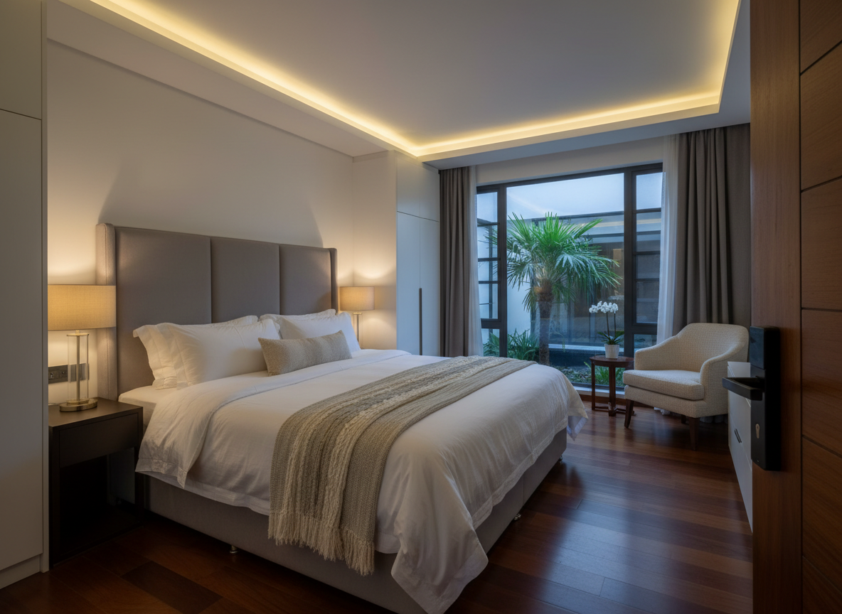 A serene master bedroom suite inside a high-end 5-bedroom villa, styled for long-stay comfort in Bulenga Bulaga near Kampala. A king-size bed with crisp white linens, a padded headboard in soft dove-grey fabric, and layered textured throws dominates the room. At the side, a small seating nook with a plush armchair and side table faces a floor-to-ceiling window with views of a private courtyard. Subtle built-in closets and a secure electronic door lock hint at thoughtful security. Warm bedside lamps and indirect cove lighting create a tranquil evening glow, casting soft shadows across the polished wooden floor. Photographic realism with a slightly elevated angle and shallow depth of field keeps the bed in sharp focus, conveying restful, sophisticated luxury.
