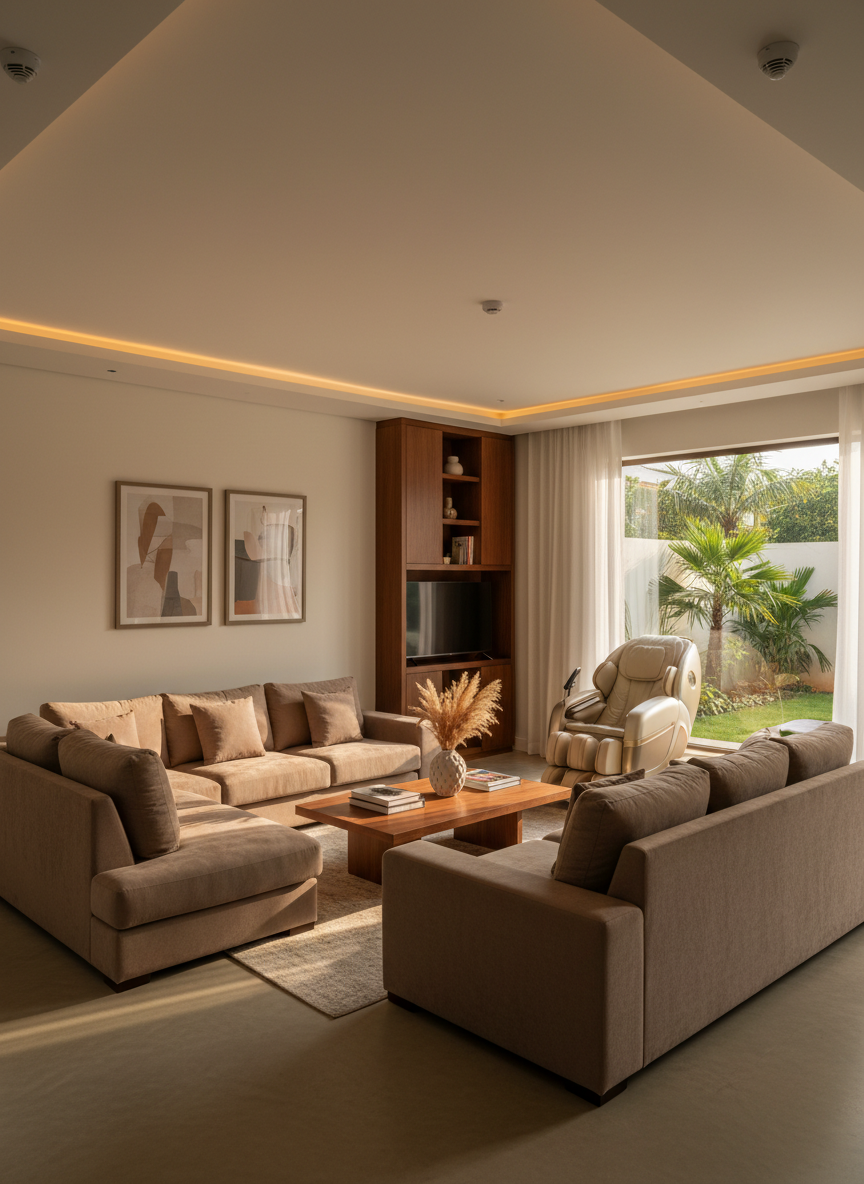 An elegant open-plan living room of a luxurious 5-bedroom villa, designed for both short and long stays, rendered in photographic realism. Plush taupe sectional sofas surround a low walnut coffee table, while a state-of-the-art massage chair with soft leather upholstery sits near a large window overlooking a private garden. Neutral walls, tasteful artwork, and a built-in media unit create a refined ambiance. Soft afternoon light filters through sheer curtains, complemented by warm recessed ceiling lights, casting gentle, cozy shadows. Discreet security cameras are visible in the upper corners of the ceiling, blending with the décor. Captured at eye level using the rule of thirds, the composition feels calm, sophisticated, and inviting—perfect for guests seeking comfort and luxury near Kampala.