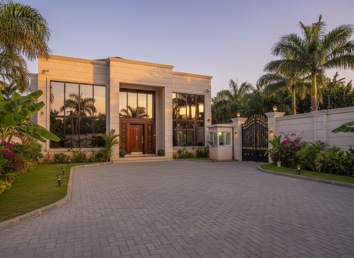 A luxurious single 5-bedroom villa exterior in Bulenga Bulaga near Kampala, captured in photographic realism. The villa features clean modern architecture with cream stone walls, expansive glass windows, and a grand wooden front door. A neatly paved driveway leads past manicured tropical gardens and subtle pathway lighting. Discreet but visible security elements include a sturdy perimeter wall, elegant metal gate, visible CCTV cameras on building corners, and a small illuminated security booth. Warm golden hour sunlight bathes the façade, casting long gentle shadows and highlighting textures. Shot from a slightly elevated, wide-angle perspective with sharp focus throughout, the composition emphasizes safety, sophistication, and a welcoming “home away from home” atmosphere.